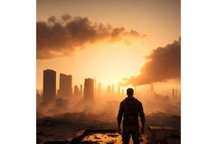 Man in video game looking over destroyed city during apocalypse